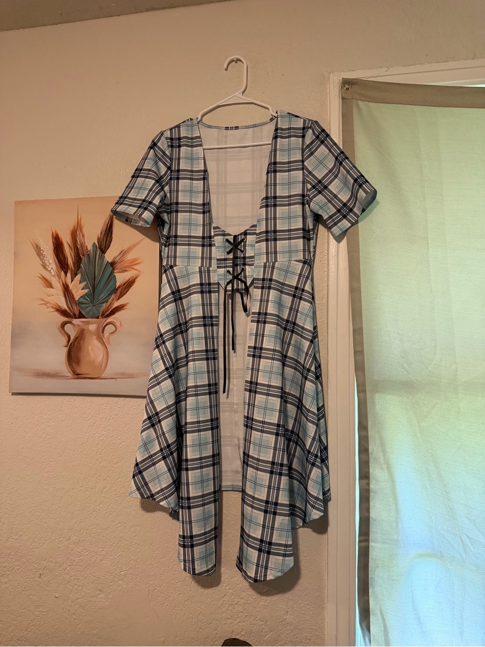 Plaid Lace-Up Shirt in Light Blue & White